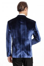 Kadife Slim Fit Mavi Erkek Smokin Ceket - 9