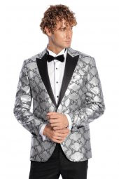 Desenli Slim Fit Gri Erkek Smokin Ceket - 3
