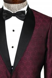 Beşgen Desenli Şal Yaka Bordo Erkek Smokin Ceket - 2