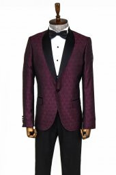 Beşgen Desenli Şal Yaka Bordo Erkek Smokin Ceket - 6
