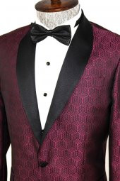Beşgen Desenli Şal Yaka Bordo Erkek Smokin Ceket - 8
