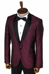 Beşgen Desenli Şal Yaka Bordo Erkek Smokin Ceket - 9