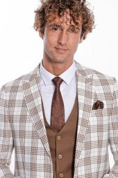 Ekose Ceketli Slim Fit Kahverengi Erkek Takım Elbise - 1