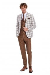 Ekose Ceketli Slim Fit Kahverengi Erkek Takım Elbise - 4