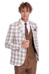 Ekose Ceketli Slim Fit Kahverengi Erkek Takım Elbise - 5