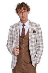 Ekose Ceketli Slim Fit Kahverengi Erkek Takım Elbise - 6