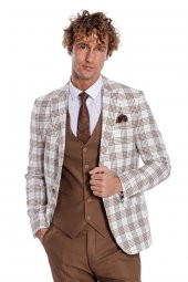 Ekose Ceketli Slim Fit Kahverengi Erkek Takım Elbise - 7