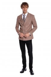 Çizgili Kruvaze Bej Erkek Ceket thumbnail 4