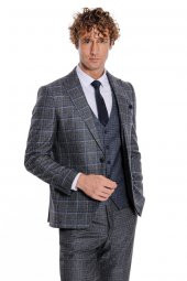 Ekose Ceketli Slim Fit Siyah Erkek Takım Elbise - 1