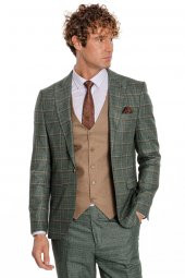 Ekose Ceketli Slim Fit Yeşil Erkek Takım Elbise - 1