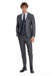 Ekose Ceketli Slim Fit Siyah Erkek Takım Elbise - 3