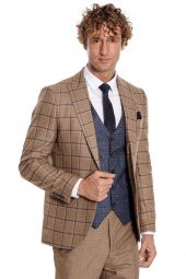 Ekose Ceketli Slim Fit Taba Erkek Takım Elbise - 1