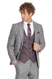 Ekose Ceketli Slim Fit Gri Erkek Takım Elbise - 5