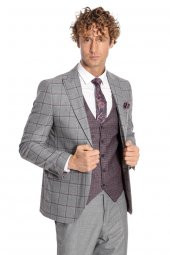 Ekose Ceketli Slim Fit Gri Erkek Takım Elbise - 6