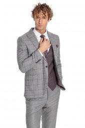 Ekose Ceketli Slim Fit Gri Erkek Takım Elbise - 7