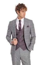 Ekose Ceketli Slim Fit Gri Erkek Takım Elbise - 8