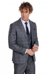 Ekose Ceketli Slim Fit Siyah Erkek Takım Elbise - 5