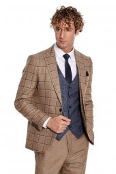 Ekose Ceketli Slim Fit Taba Erkek Takım Elbise - 3