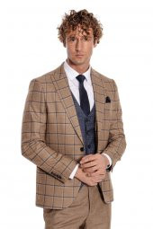 Ekose Ceketli Slim Fit Taba Erkek Takım Elbise - 4