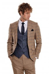 Ekose Ceketli Slim Fit Taba Erkek Takım Elbise - 7