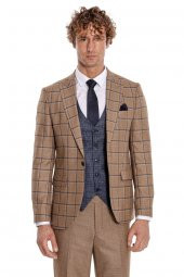 Ekose Ceketli Slim Fit Taba Erkek Takım Elbise - 8