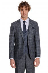 Ekose Ceketli Slim Fit Siyah Erkek Takım Elbise - 8