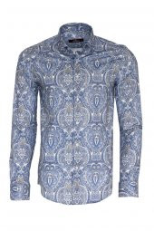 Mavi Damask Desenli Slim Fit Gömlek - 4