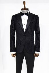 Slim Fit Zebra Desen Siyah Erkek Smokin Ceketi - 5