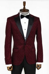 Simli Desenli Bordo Erkek Smokin Ceket - 3