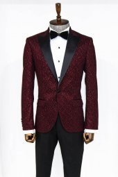Simli Desenli Bordo Erkek Smokin Ceket - 4