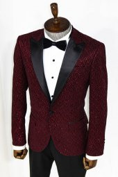 Simli Desenli Bordo Erkek Smokin Ceket - 5