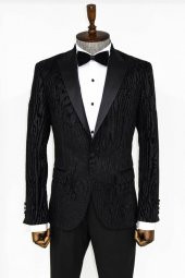 Slim Fit Zebra Desen Siyah Erkek Smokin Ceketi - 1