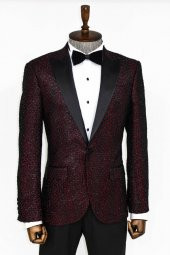 Kareli Desenli Simli Bordo Erkek Smokin Ceket - 3