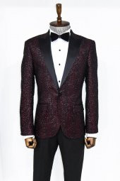 Kareli Desenli Simli Bordo Erkek Smokin Ceket - 4