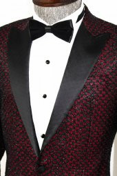 Kareli Desenli Simli Bordo Erkek Smokin Ceket - 5