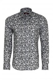 Çiçek Desenli Koyu Gri Slim Fit Gömlek - 2