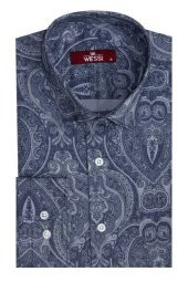 Açık Mavi Desenli Slim Fit Gömlek - 1