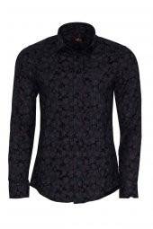 Çiçek Desenli Lacivert Slim Fit Gömlek - 3