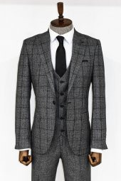 Slim Fit Ekose Koyu Gri Erkek Takım Elbise - 2