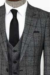 Slim Fit Ekose Koyu Gri Erkek Takım Elbise - 1