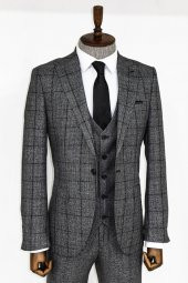 Slim Fit Ekose Koyu Gri Erkek Takım Elbise - 3