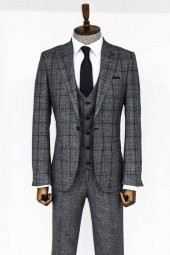 Slim Fit Ekose Koyu Gri Erkek Takım Elbise - 4