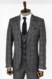 Slim Fit Ekose Koyu Gri Erkek Takım Elbise - 5