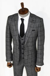 Slim Fit Ekose Koyu Gri Erkek Takım Elbise - 8