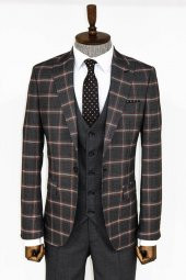 Ekose Desenli Siyah Slim Fit Takım Elbise - 1