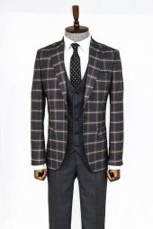 Ekose Desenli Siyah Slim Fit Takım Elbise - 4