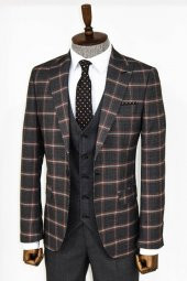 Ekose Desenli Siyah Slim Fit Takım Elbise - 5