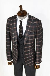 Ekose Desenli Siyah Slim Fit Takım Elbise - 7