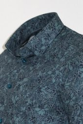Çiçek Desenli Yeşil Slim Fit Gömlek - 1