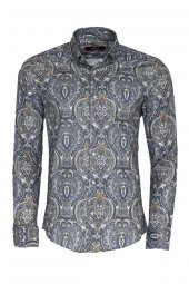 Damask Desenli Mavi Slim Fit Gömlek - 2
